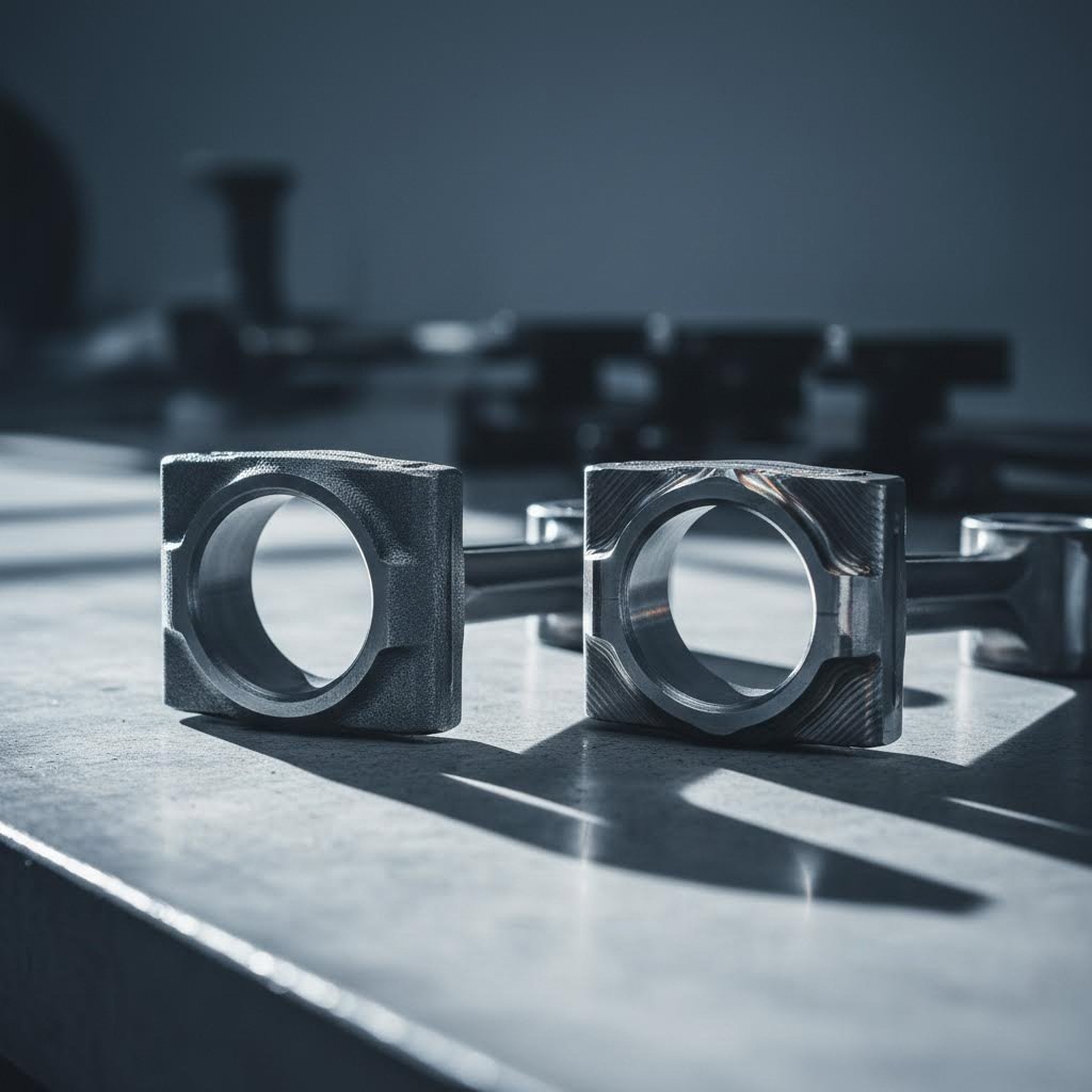 powder metal and forged steel connecting rods showing distinct surface textures and construction differences