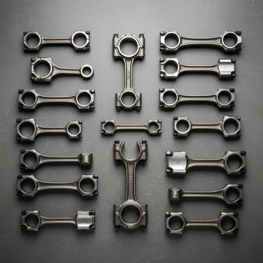 various connecting rod types arranged for direct visual comparison of designs and materials