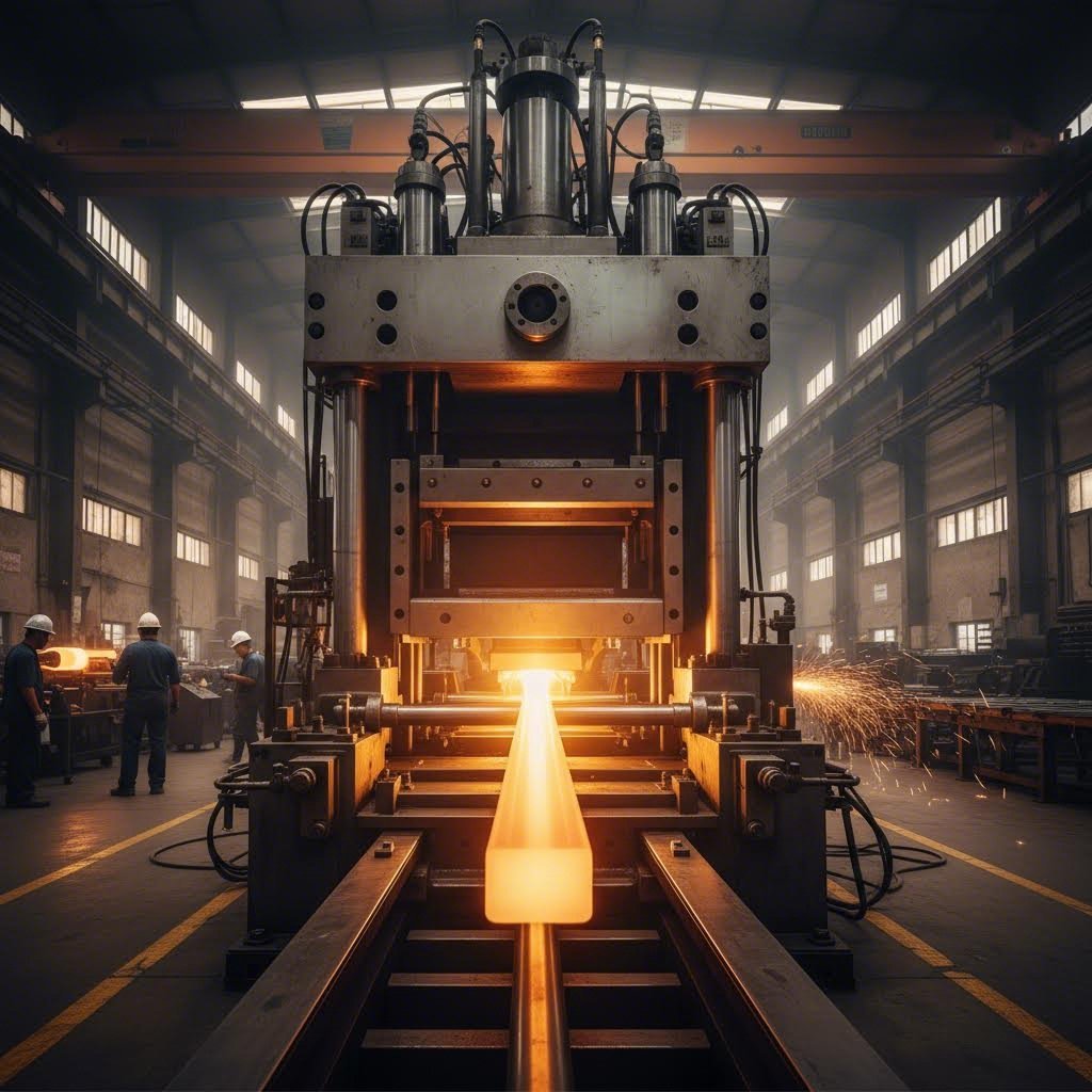 industrial extrusion press producing custom aluminum structural profiles