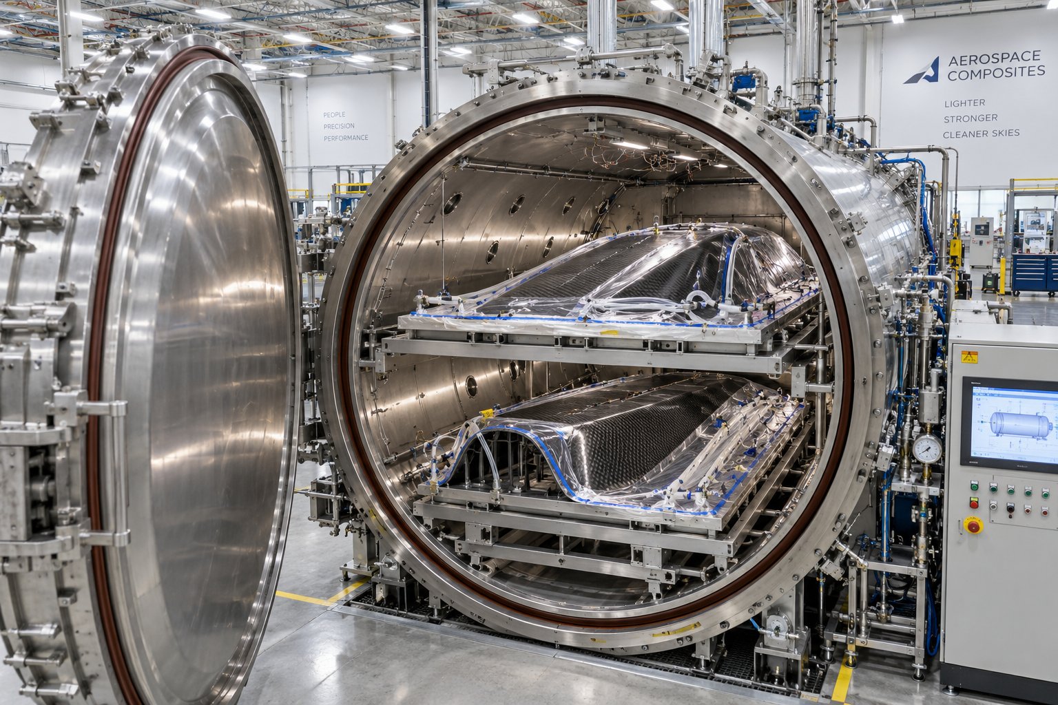 an industrial autoclave used to cure dry carbon fiber under high temperature and pressure