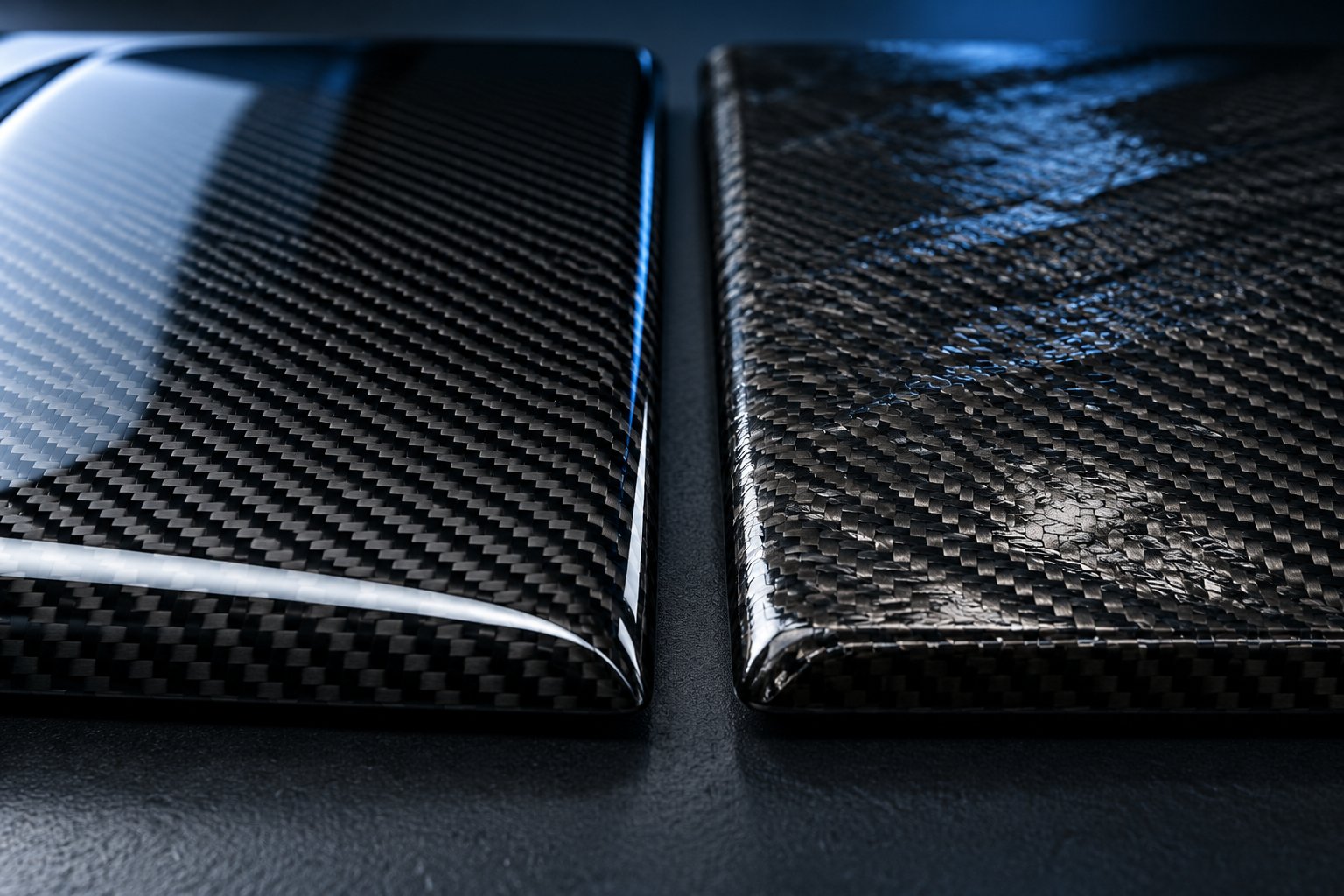 side by side carbon fiber panels showing the visible difference between dry and wet layup surface finishes