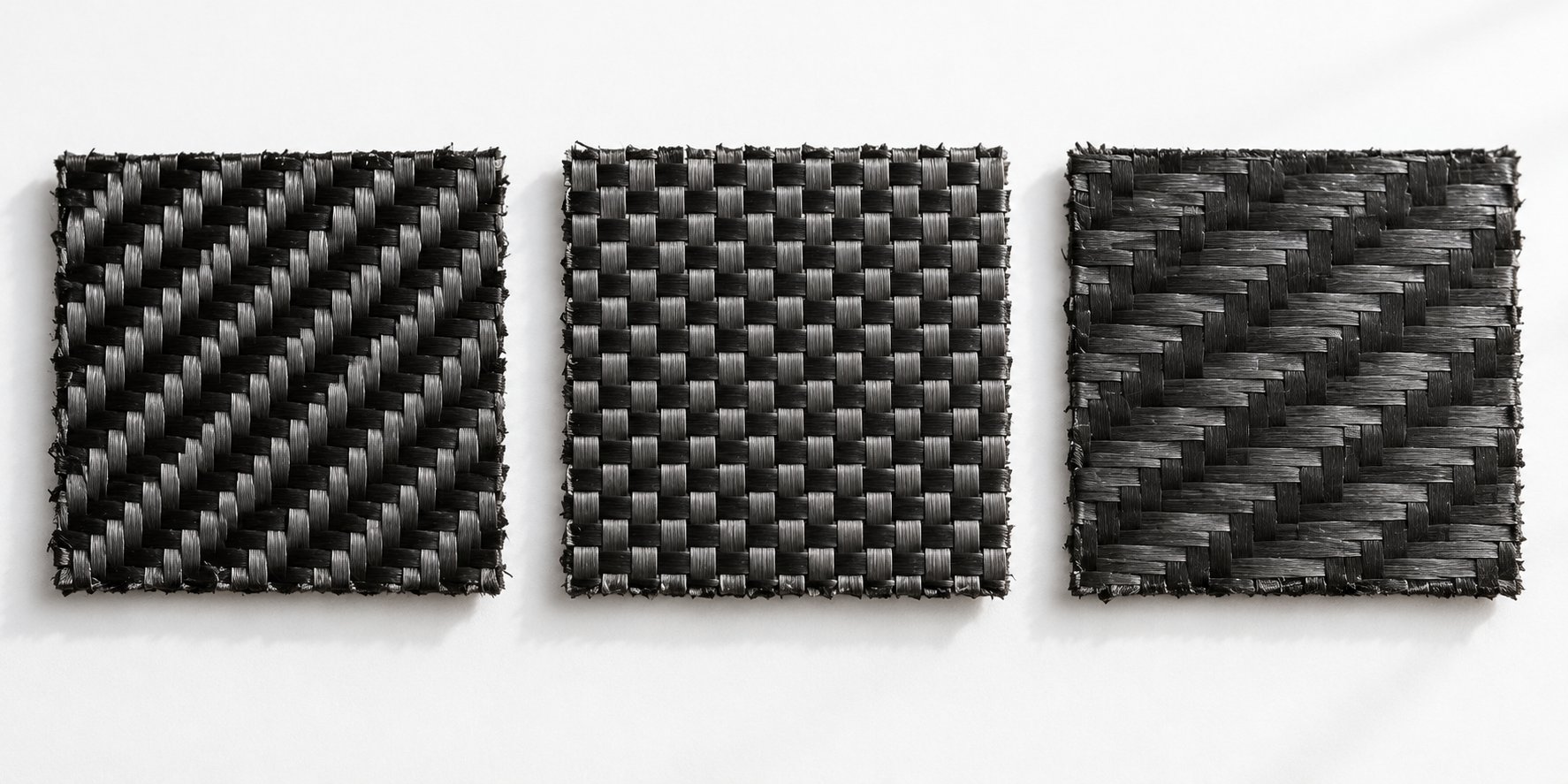 three common carbon fiber weave patterns twill plain and satin weave side by side
