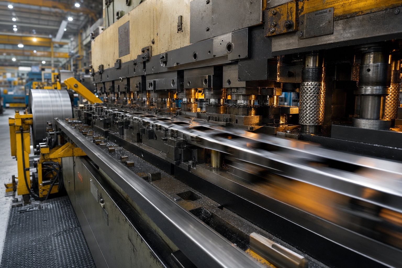 info-1-1 high speed progressive die stamping press cycling at over 1 000 strokes per minute to produce precision metal parts