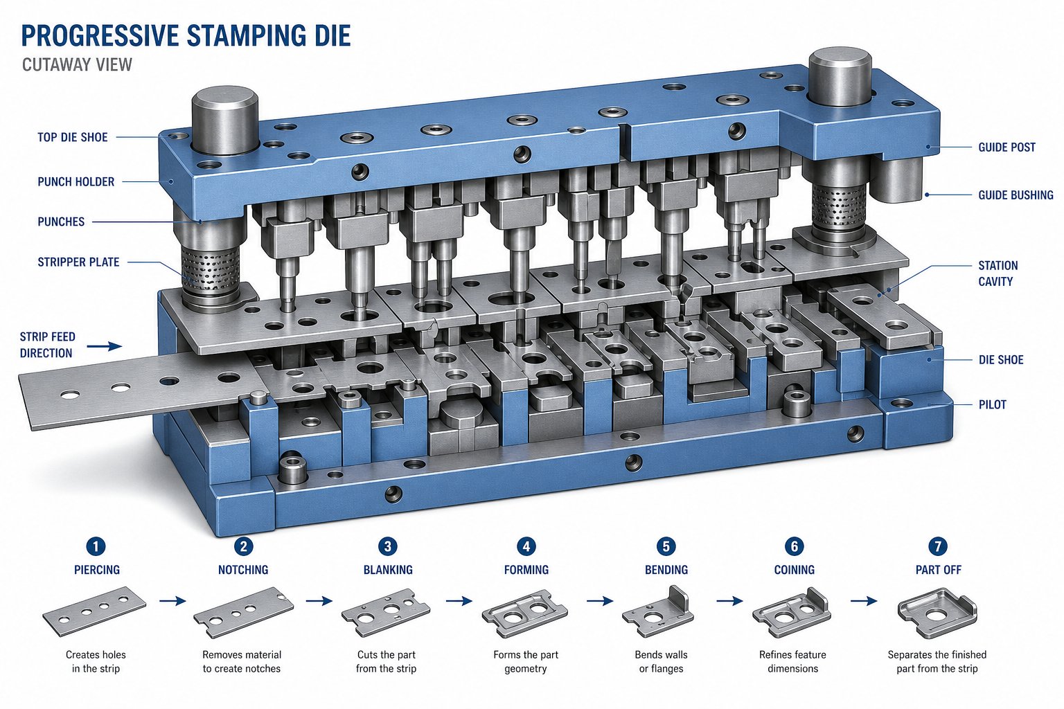 info-1-1 metal strip advancing through progressive die stations where each position performs a specific forming operation