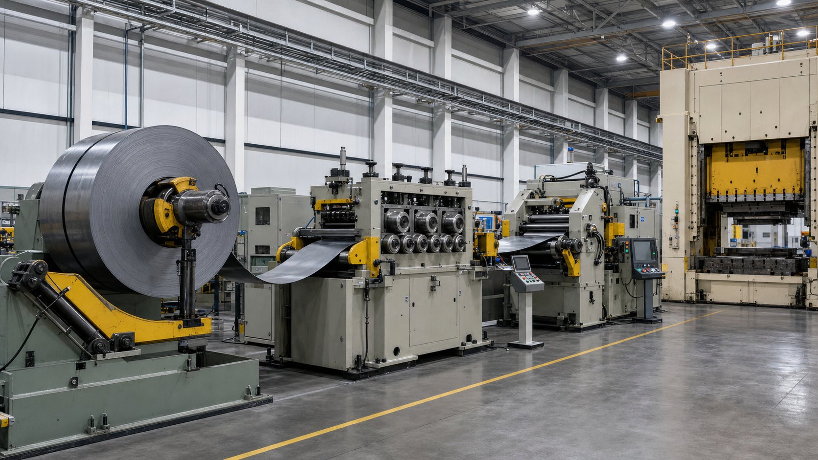 complete coil handling system for heavy gauge progressive stamping including decoiler straightener and servo feed