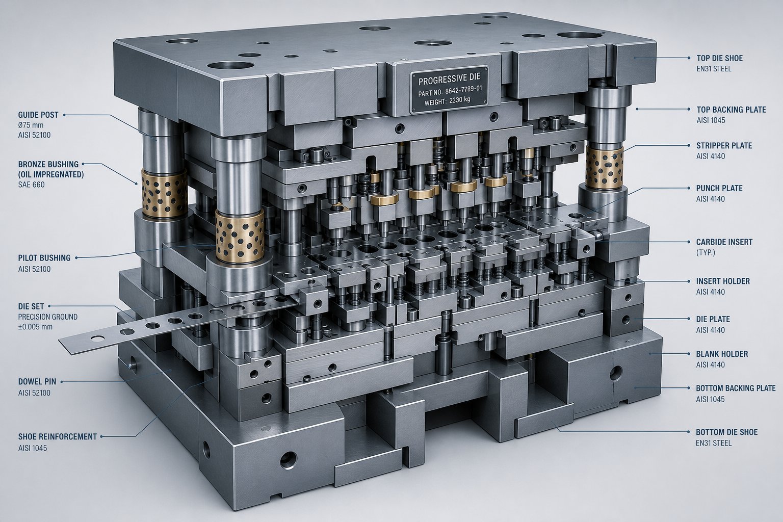 cross section of a heavy progressive die showing reinforced shoe structure carbide inserts and oversized guide systems