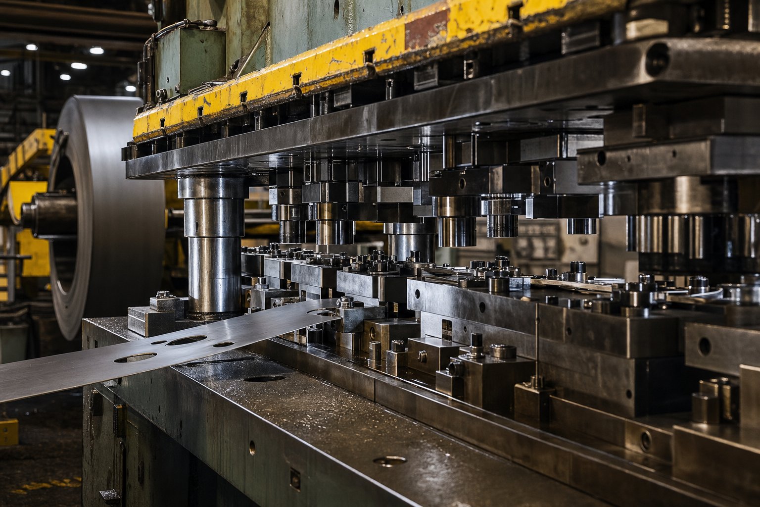 heavy gauge progressive die installed in a high tonnage press showing multi station tooling processing thick steel strip