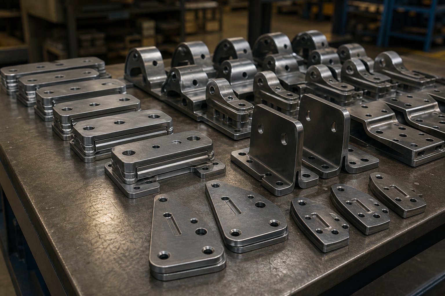 heavy gauge progressive die stamped parts showing structural brackets and formed components produced at high volume