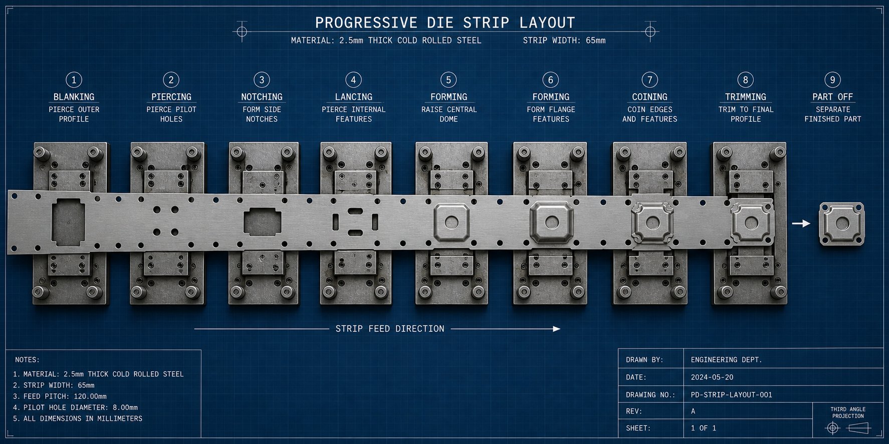 progressive die strip layout for heavy gauge stock showing increased station spacing and sequential forming operations