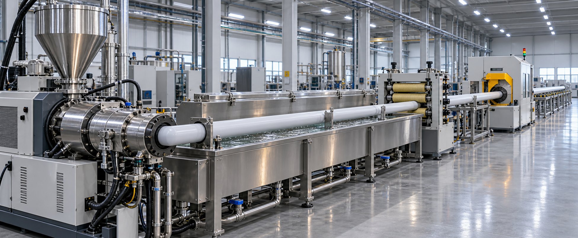 complete plastic pipe extrusion line showing every station from extruder to cutting system in a modern production facility