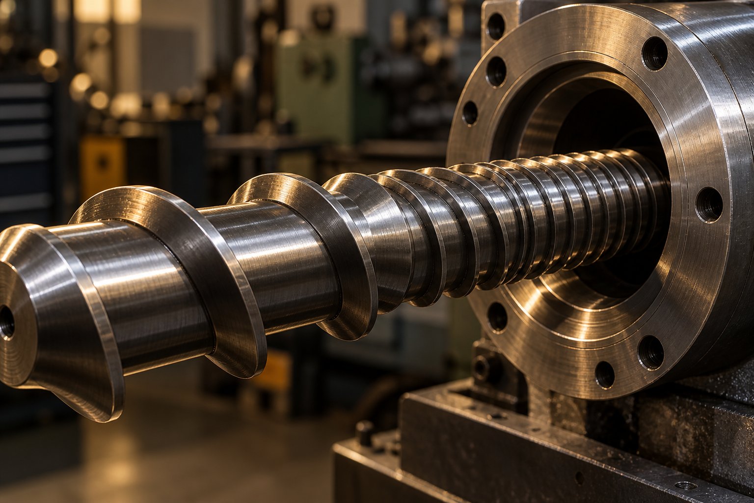 single extruder screw showing varying channel depths across feed compression and metering zones for pipe grade material processing