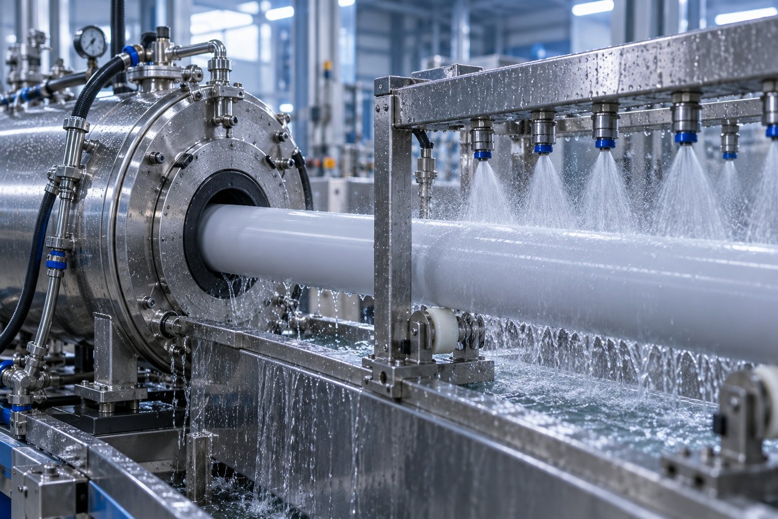 vacuum calibration tank and spray cooling section sizing and solidifying extruded pipe on a production line