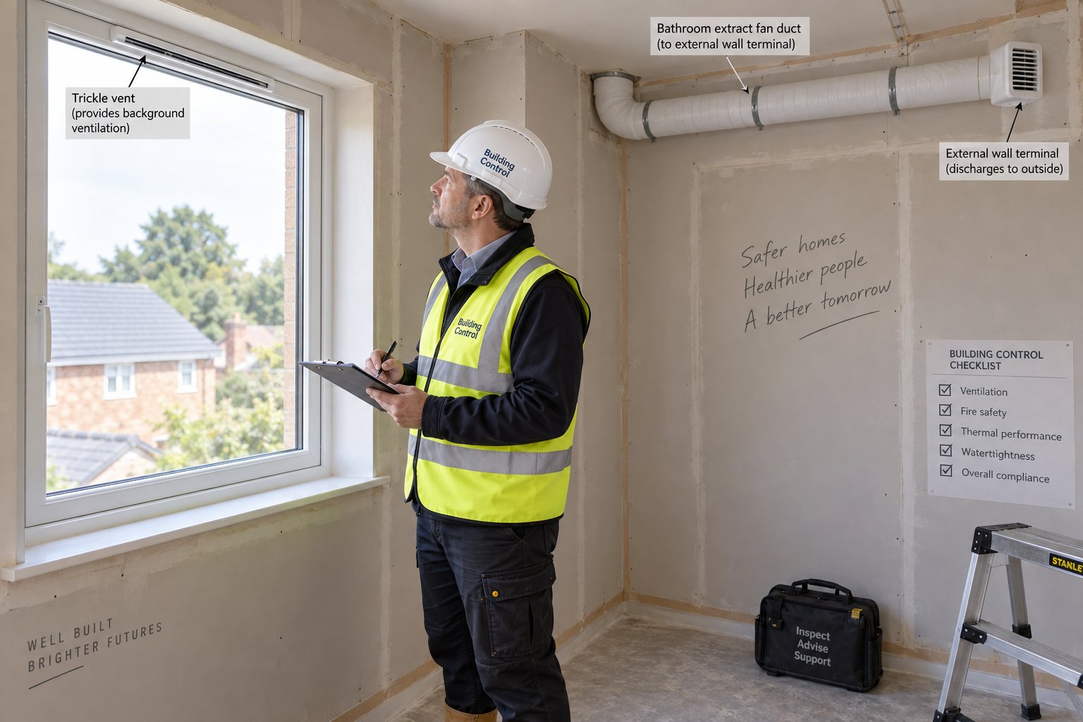 building control inspection checking trickle vent installation and extract fan ducting compliance