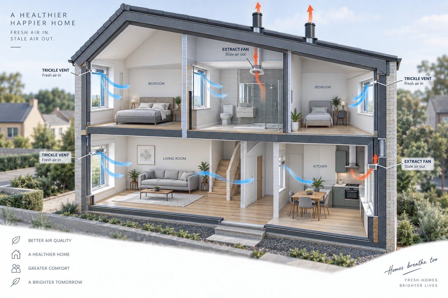 cross section view of a modern dwelling showing ventilation airflow pathways through habitable and wet rooms