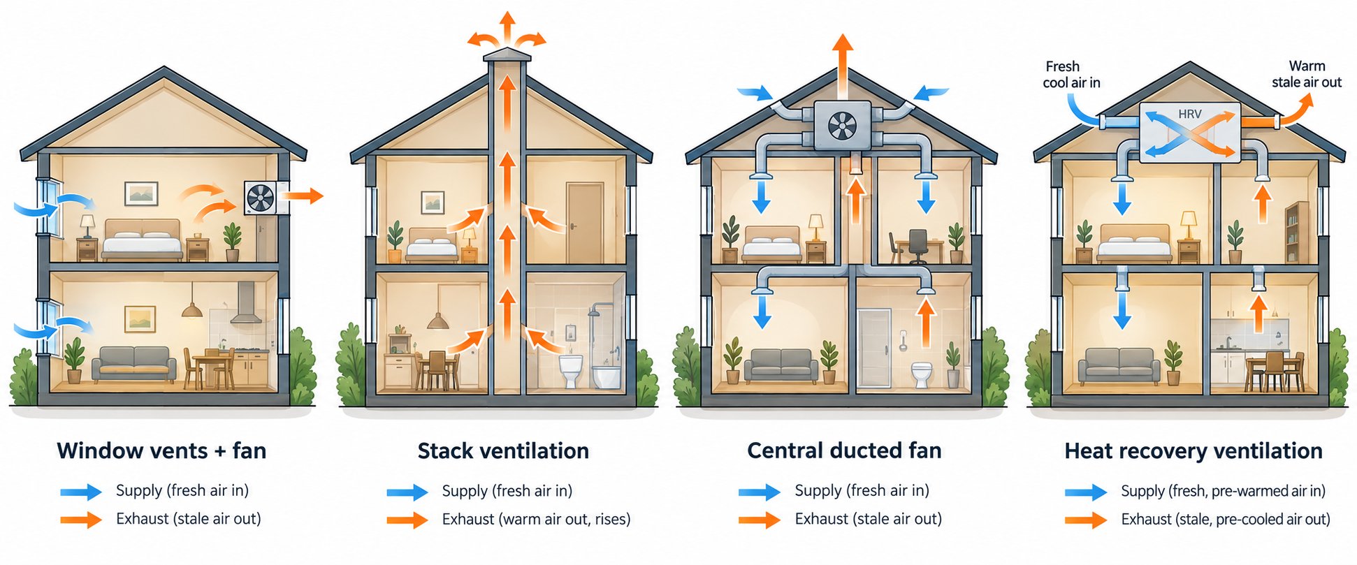 four uk ventilation system types compared background ventilators passive stack mev and mvhr