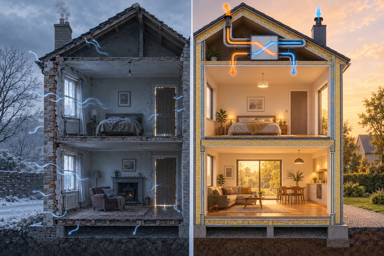 older draughty buildings versus modern airtight homes requiring deliberate mechanical ventilation