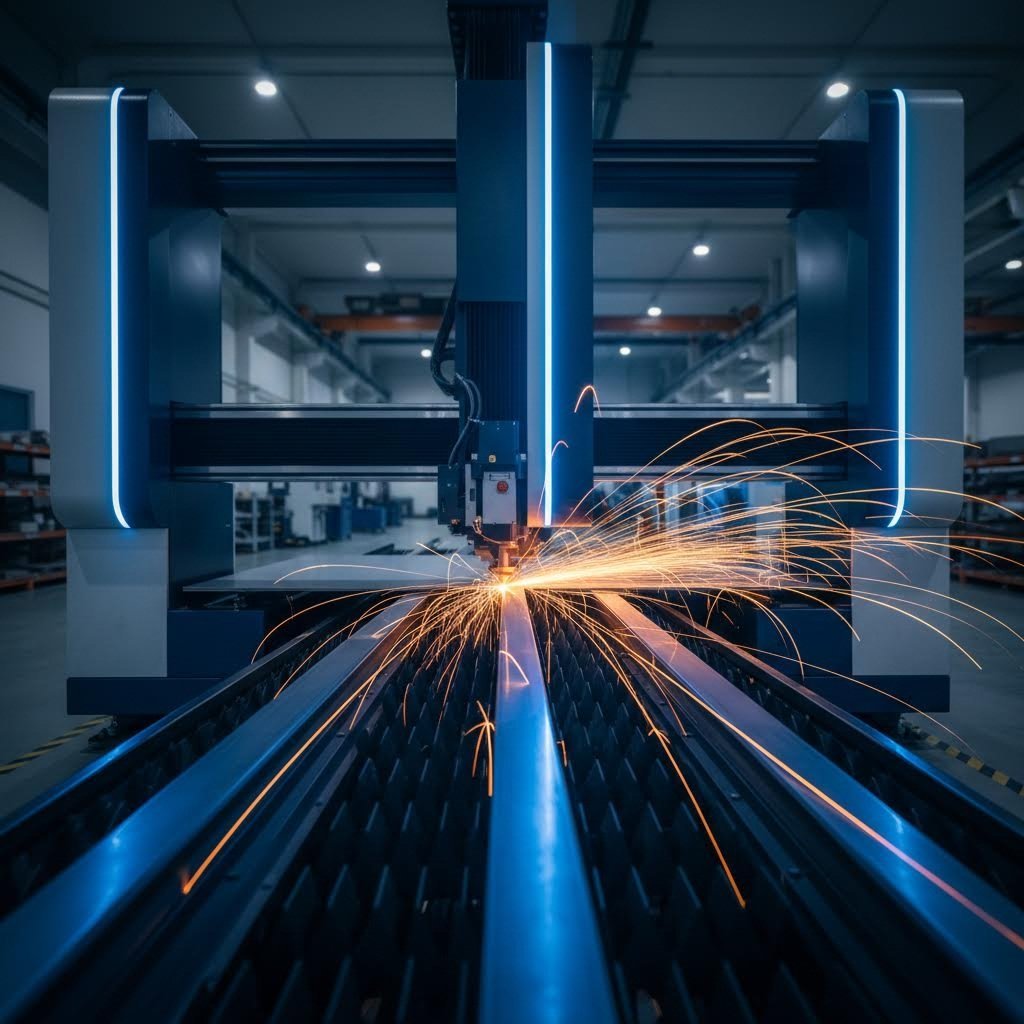 industrial fiber laser cutting machine precisely processing steel sheet with brilliant sparks