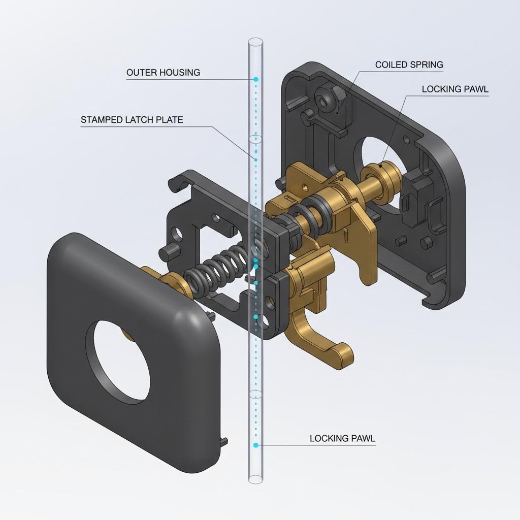 Exploded view of seat belt buckle showing internal stamped steel components
