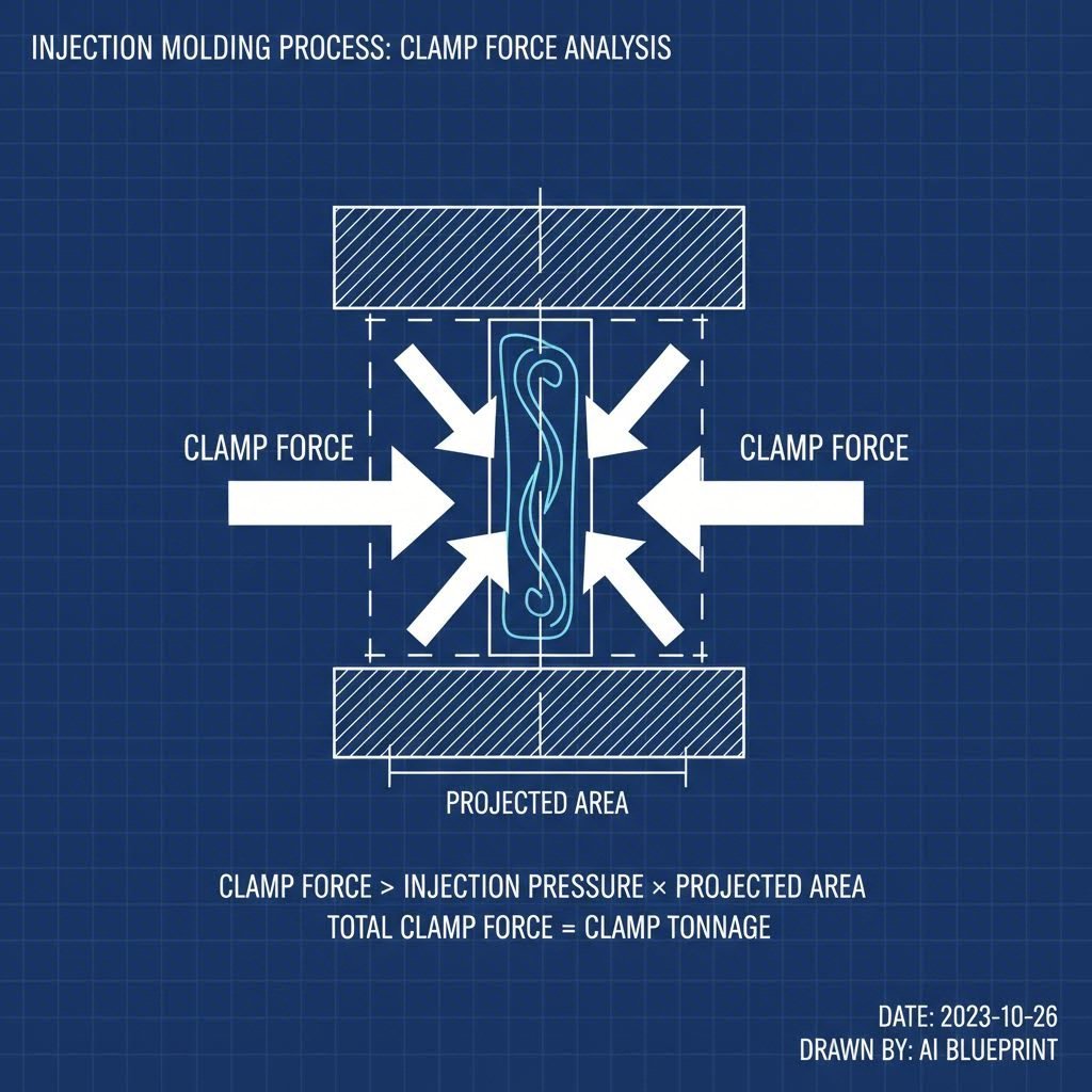 Diagram of injection molding clamp force and projected area