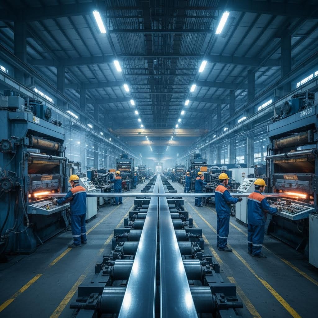 inside an aluminum extrusion manufacturing facility during production