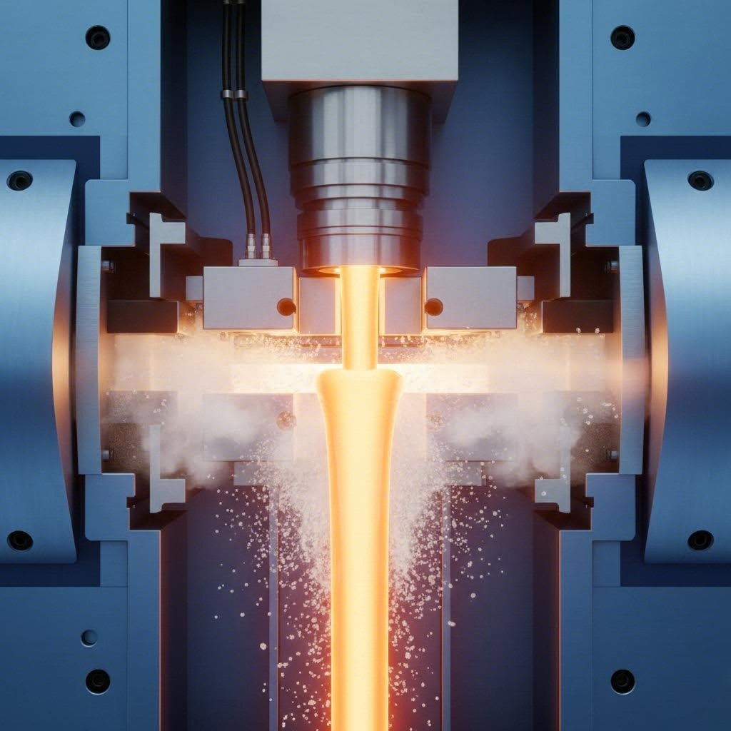aluminum extrusion process showing heated billet flowing through precision die