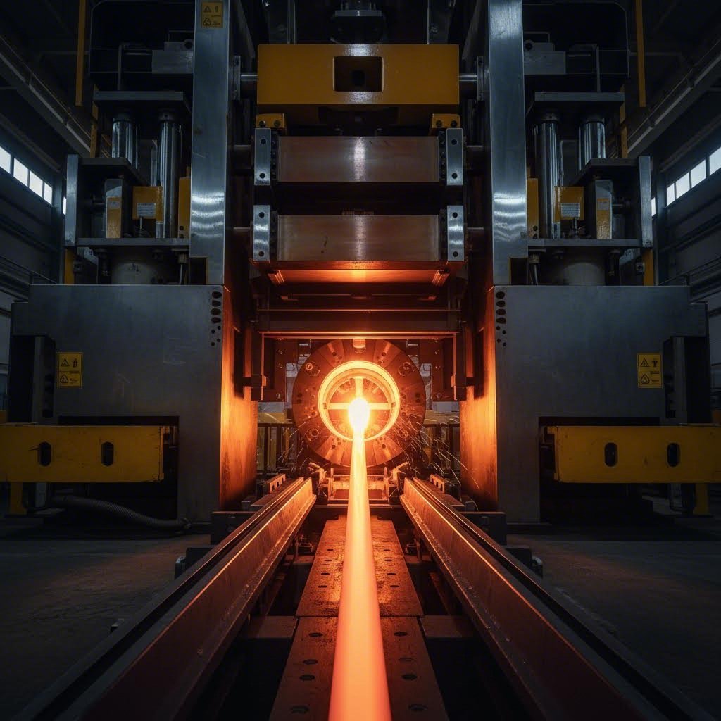 industrial aluminum extrusion press transforming heated billets into precision profiles