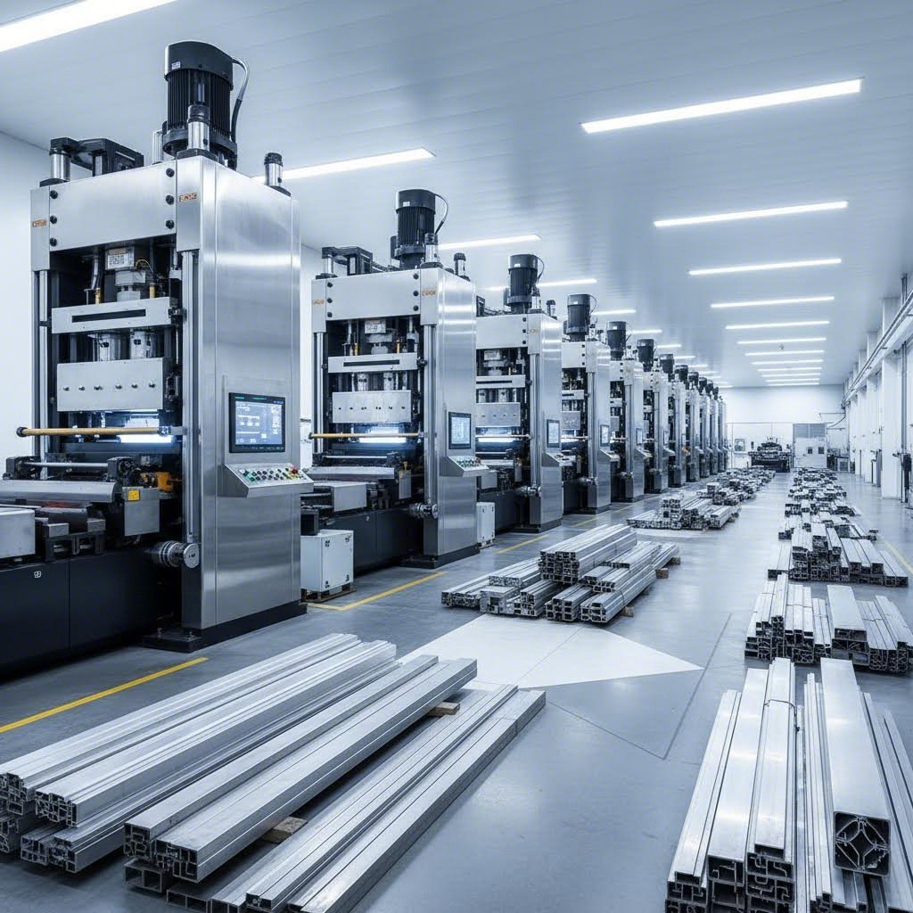 integrated aluminum extrusion facility with multiple press capacities