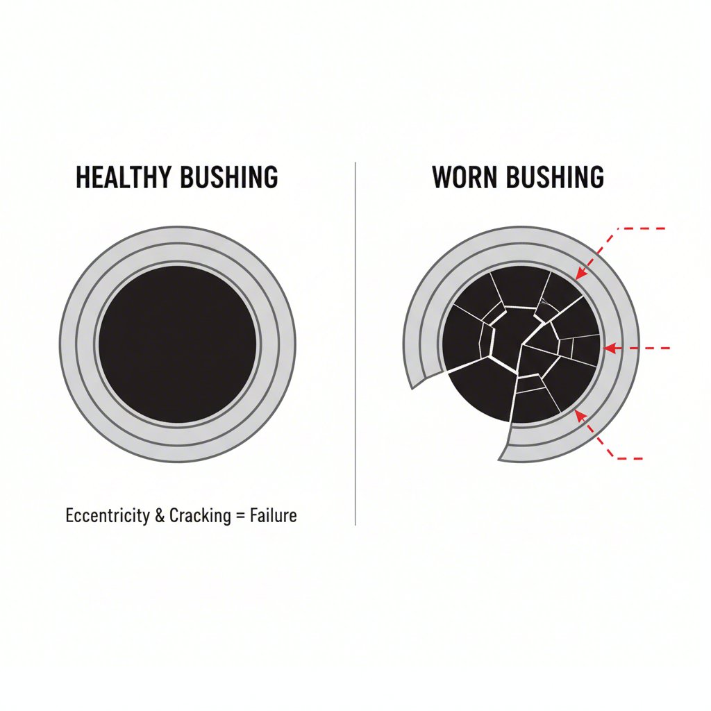 diagram showing the difference between a new and a worn control arm bushing
