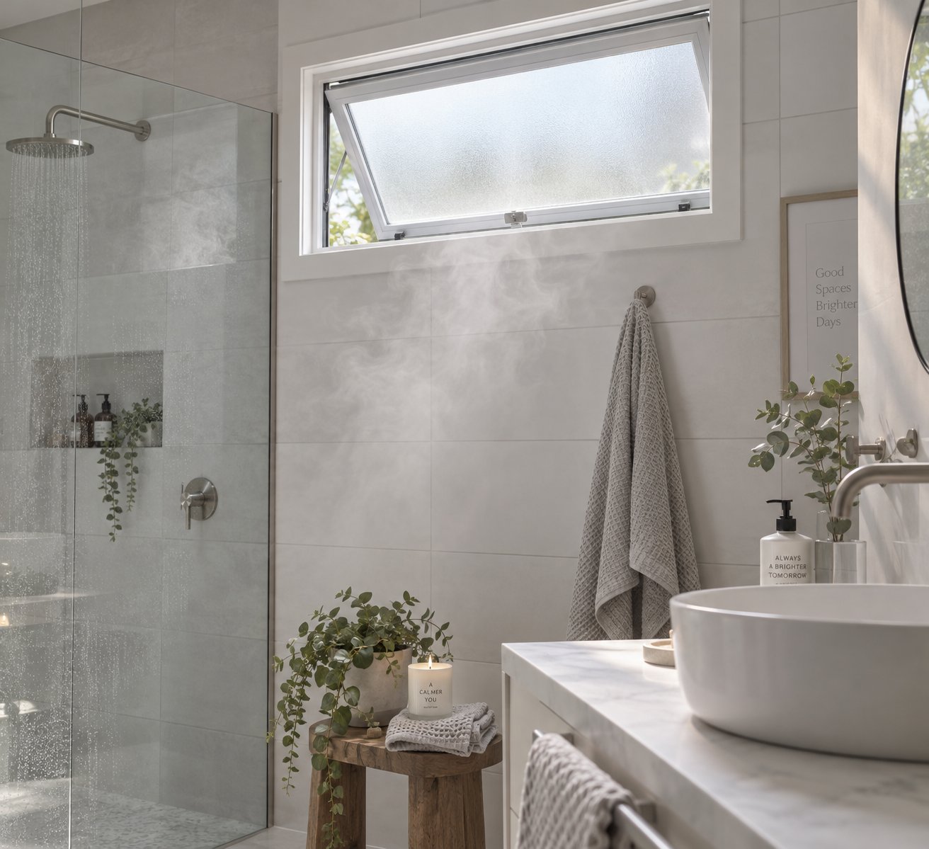 a frosted awning window mounted high on the wall provides rain safe ventilation with full privacy