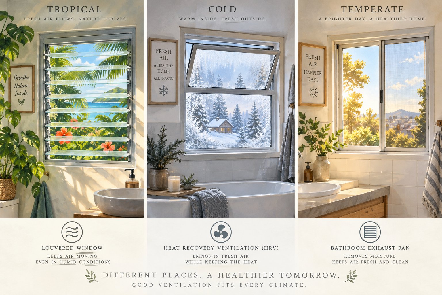 different climates call for different bathroom ventilation strategies to effectively control moisture