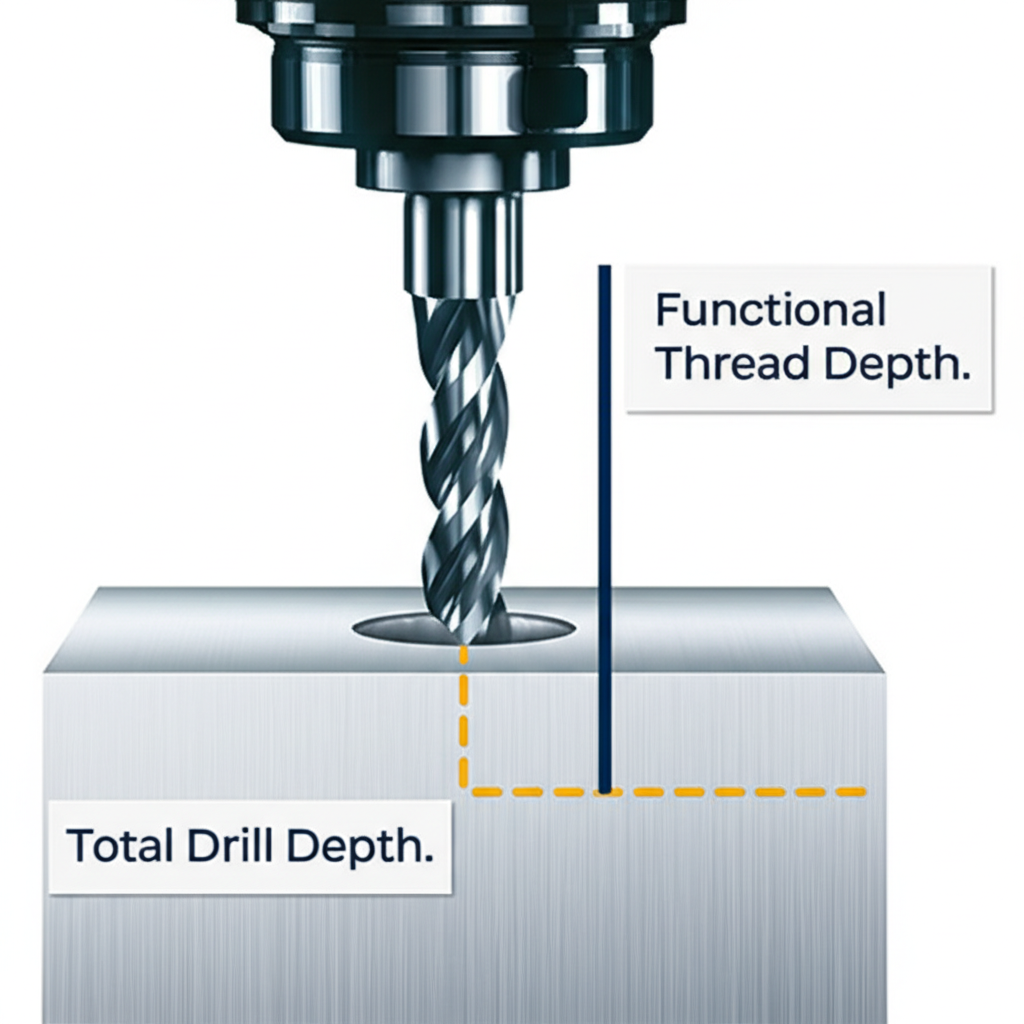diagram showing the difference between drill depth and thread depth in a blind hole