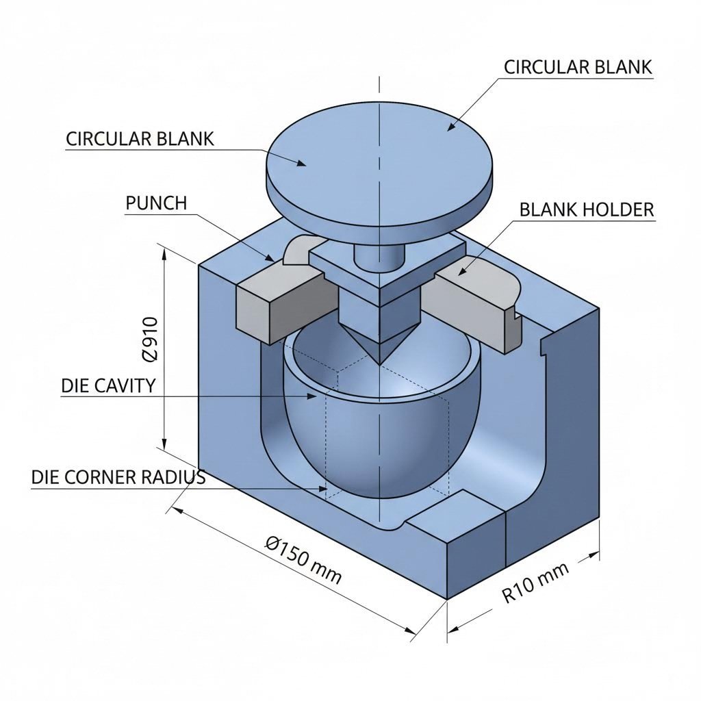 cross section of deep drawing setup showing blank holder and die components