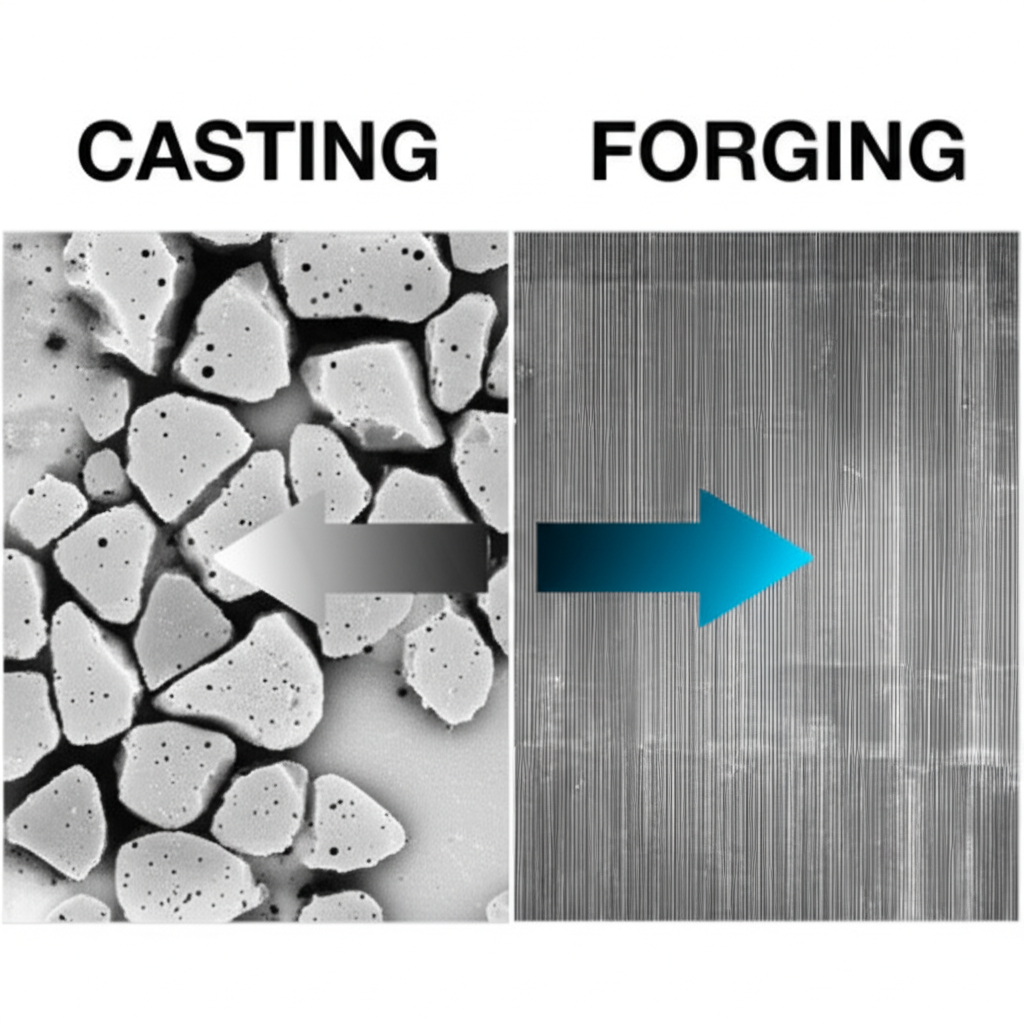 diagram comparing the random grain structure of cast metal versus the aligned dense grain structure of forged metal