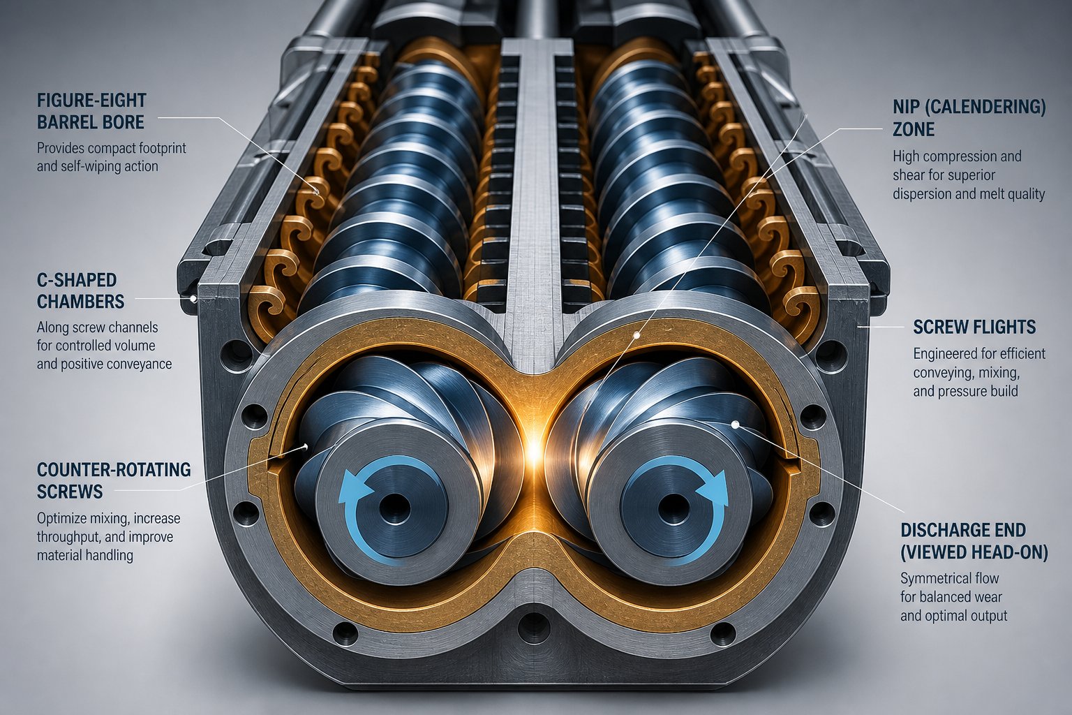 counter rotating twin screws showing the nip zone and c shaped chambers that enable positive displacement conveying