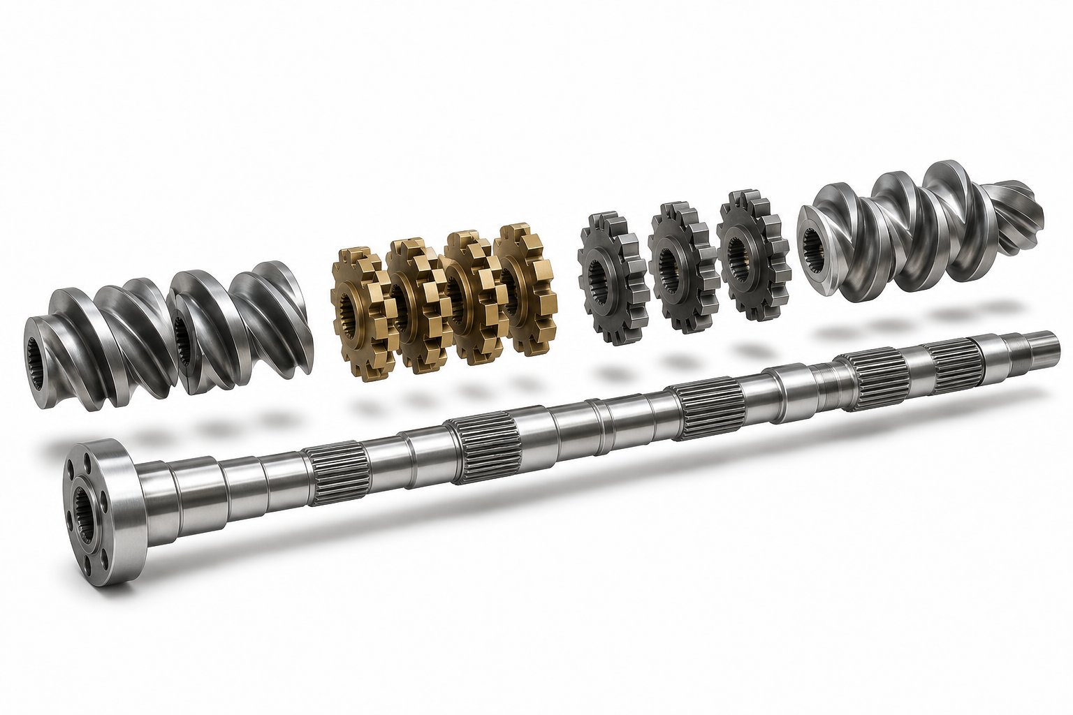 modular screw elements including conveying segments kneading blocks and mixing elements arranged along a splined shaft