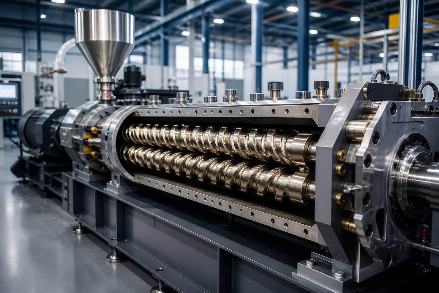 twin screw extruder with visible intermeshing screws inside a barrel cutaway representing the core configurations used in polymer processing