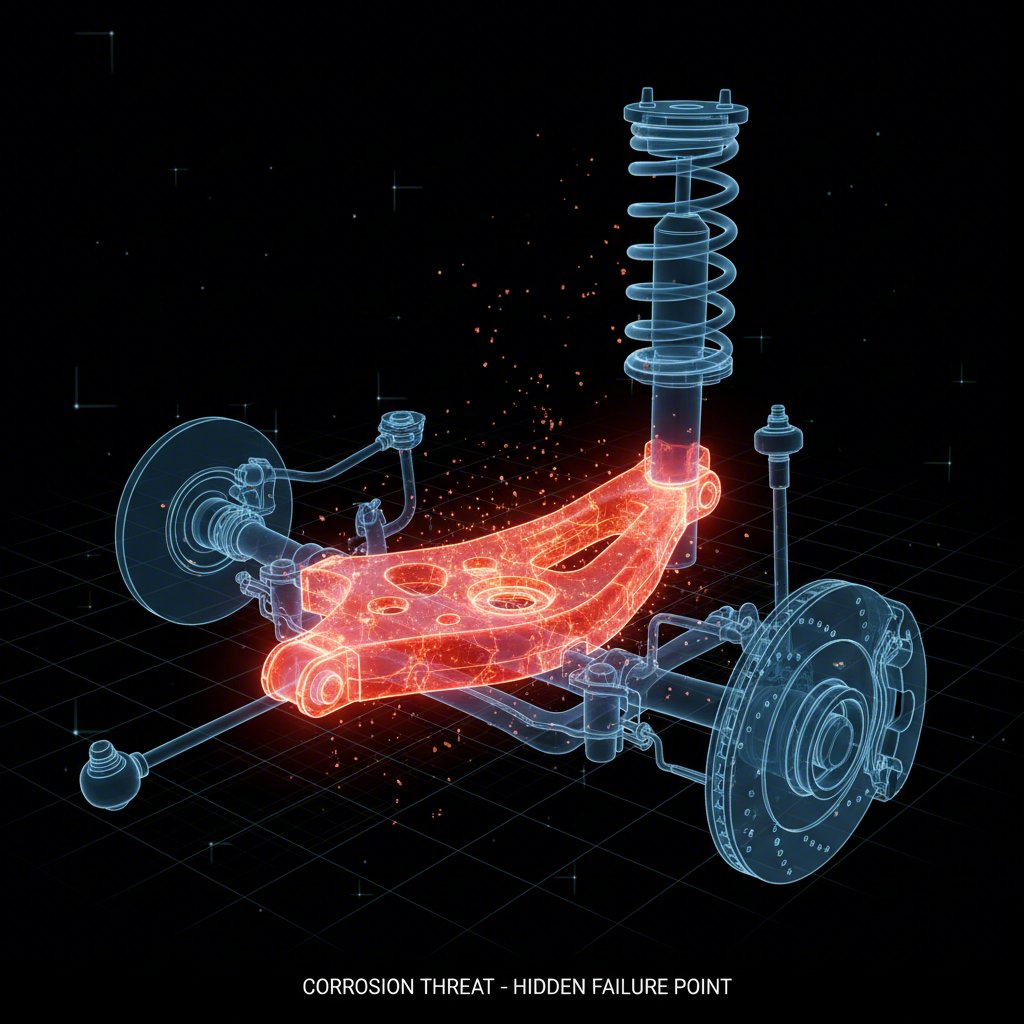 conceptual illustration of corrosion affecting a vehicles control arm