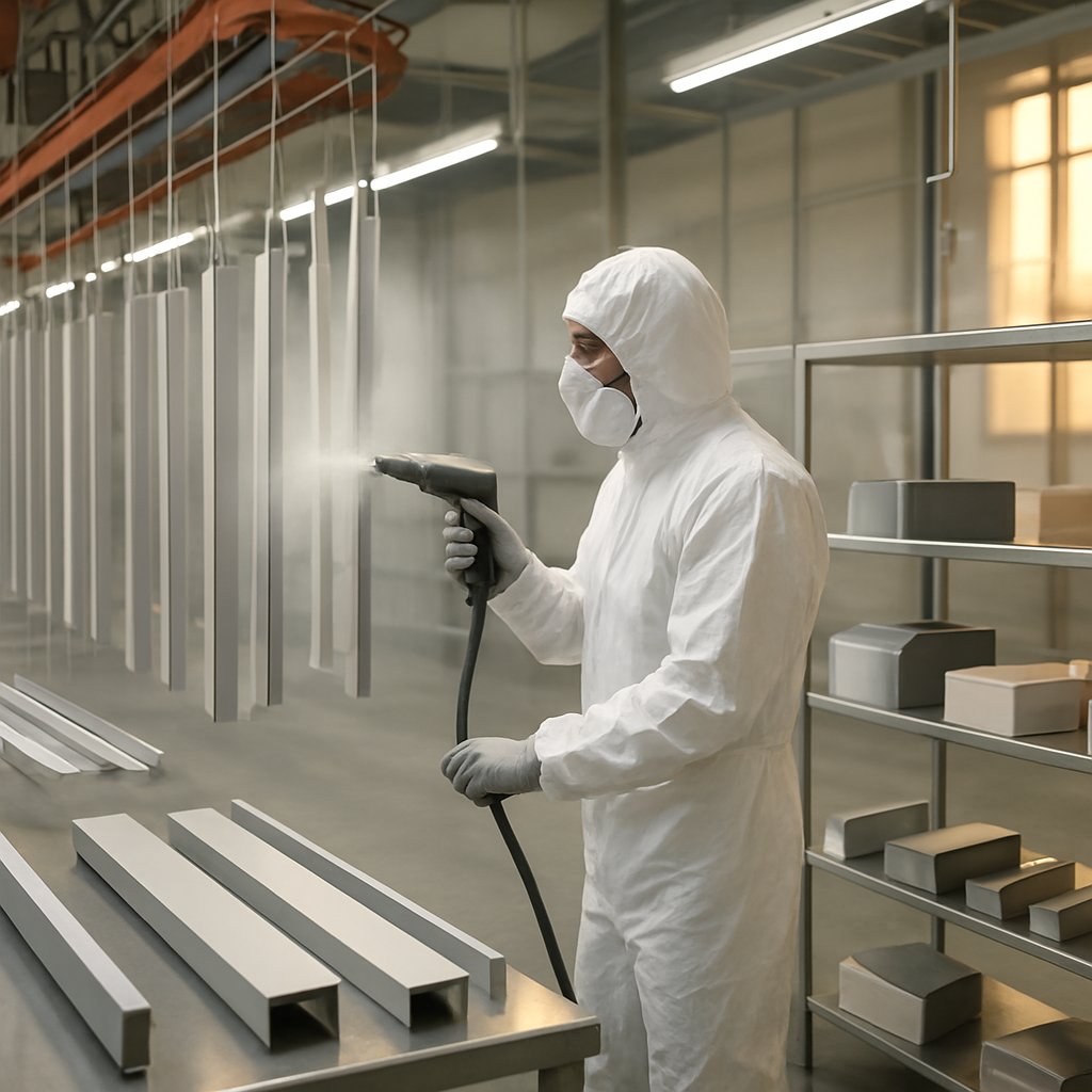 powder coated aluminum parts in a modern finishing facility