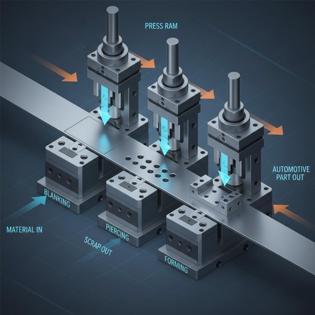 Diagram of progressive die stamping process for automotive components