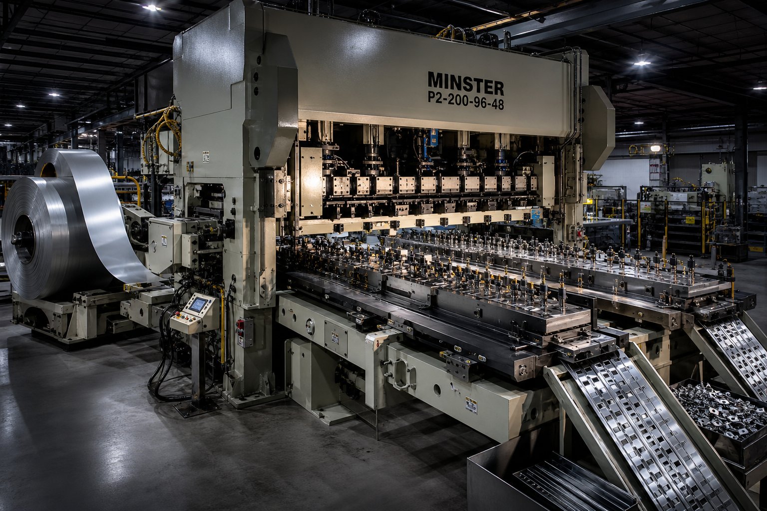 progressive die stamping press with metal strip advancing through sequential forming stations in a precision manufacturing environment