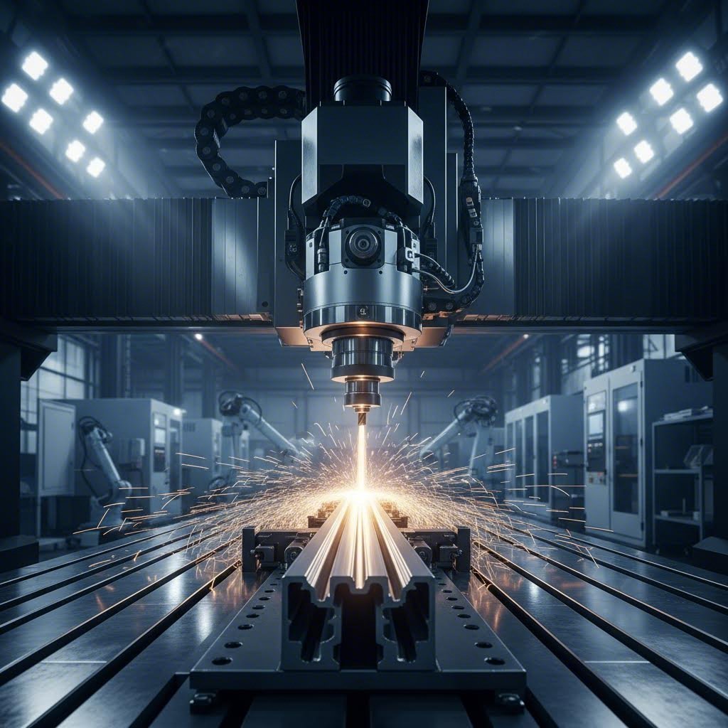 cnc machining center precisely cutting aluminum extrusion profiles in an industrial setting