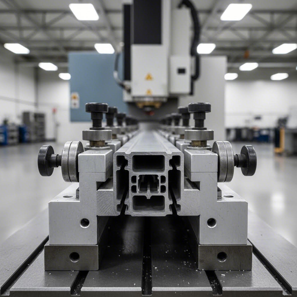custom fixturing system securing aluminum extrusion profile for cnc machining operations