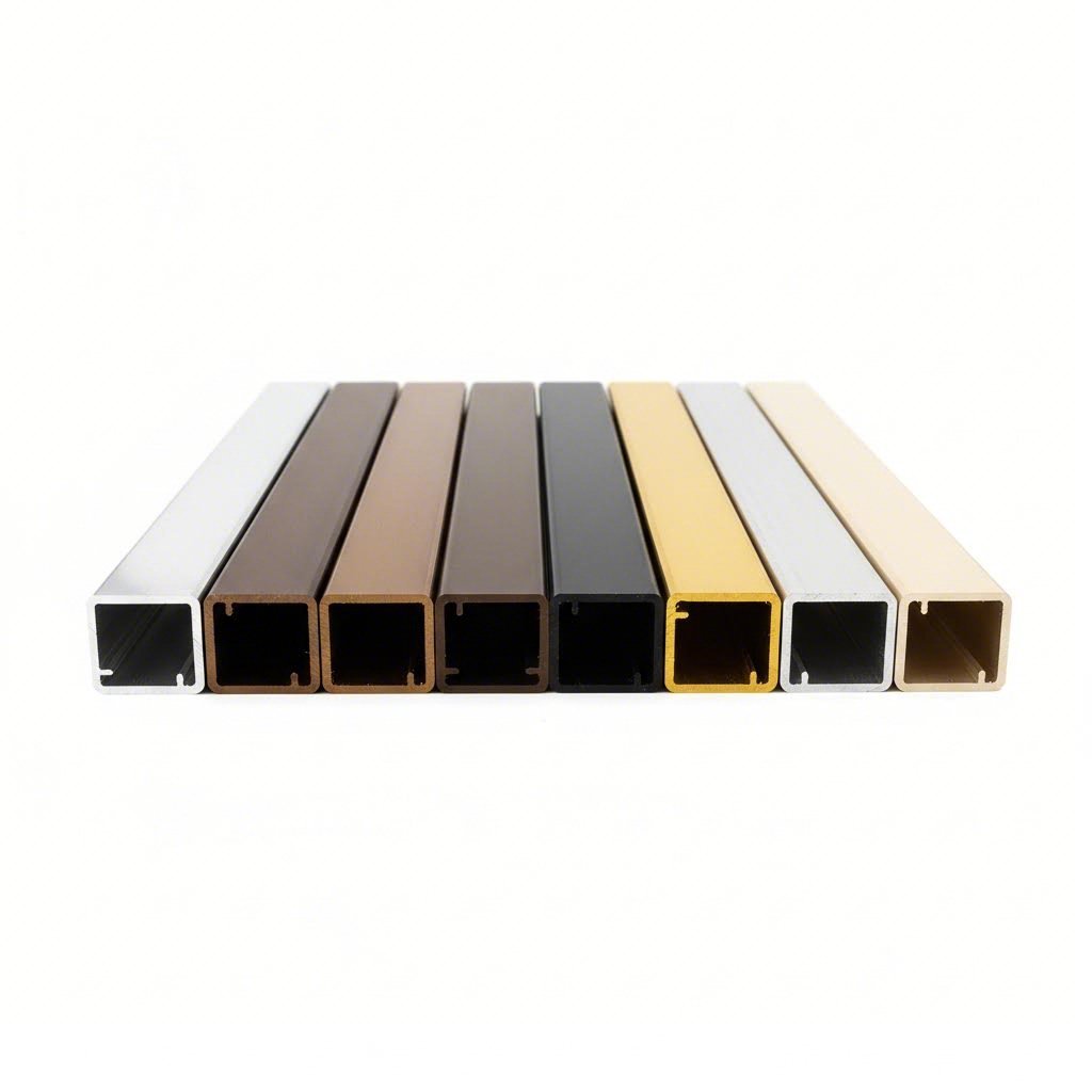anodized aluminum samples showing the range of color finish options for extrusions