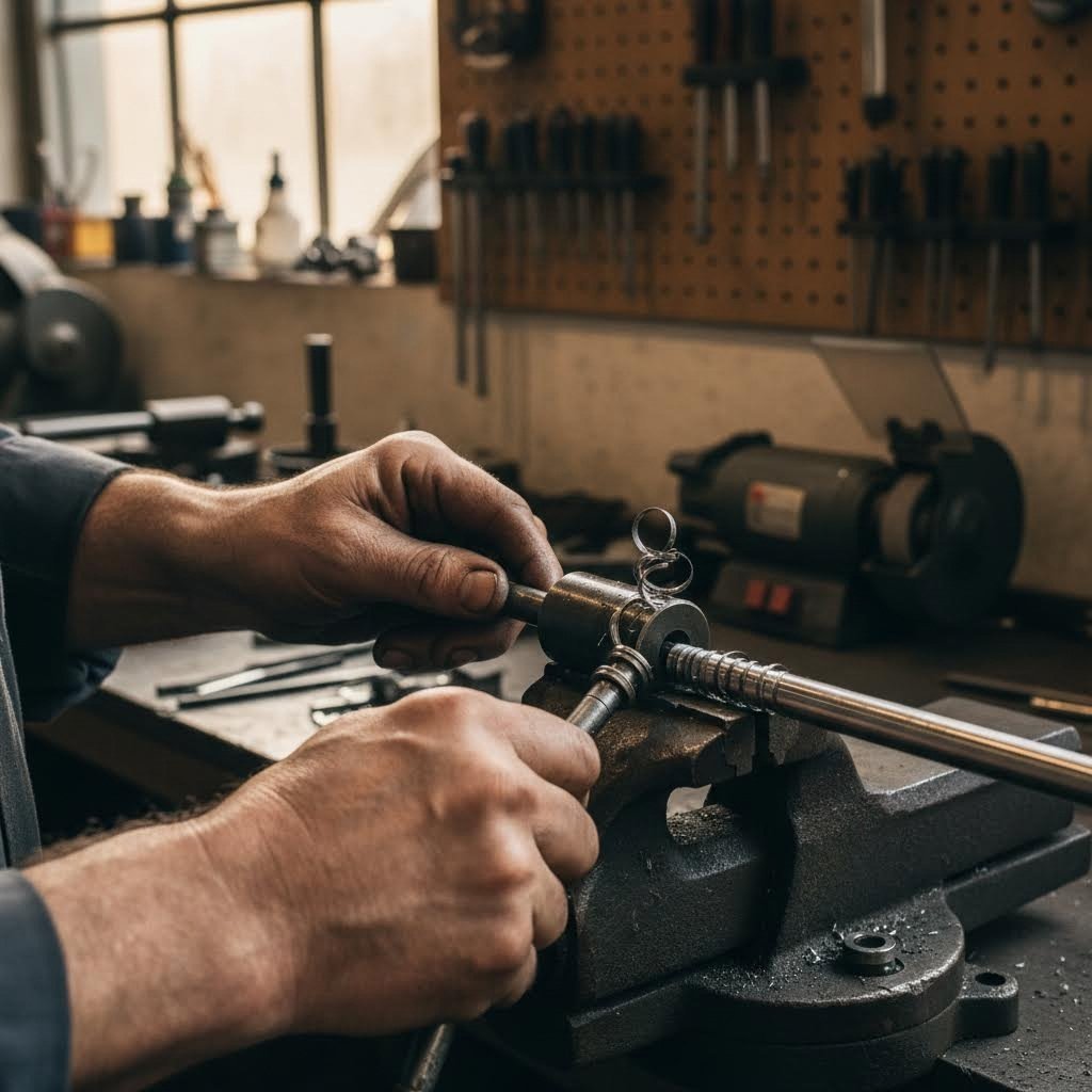 threading die cutting external threads on metal rod secured in bench vise