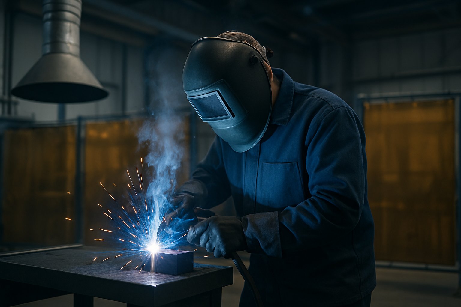 welder using ventilation and full protective gear during arc welding