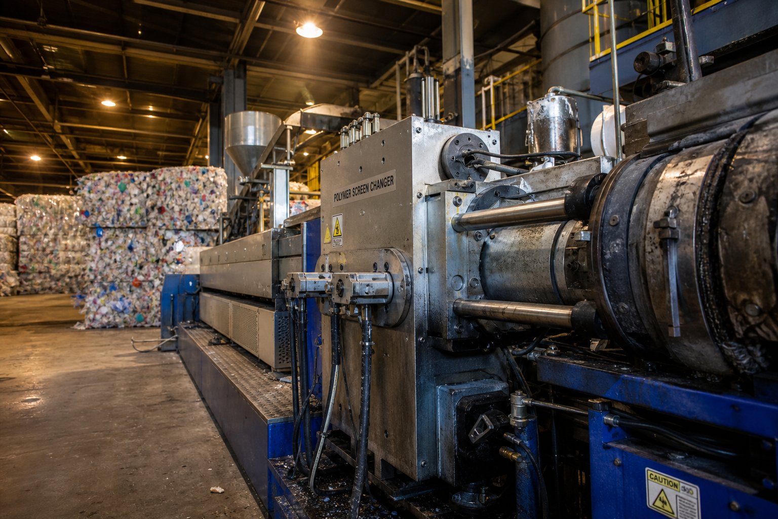 a continuous screen changer installed on a recycling extrusion line handling post consumer plastic feedstock