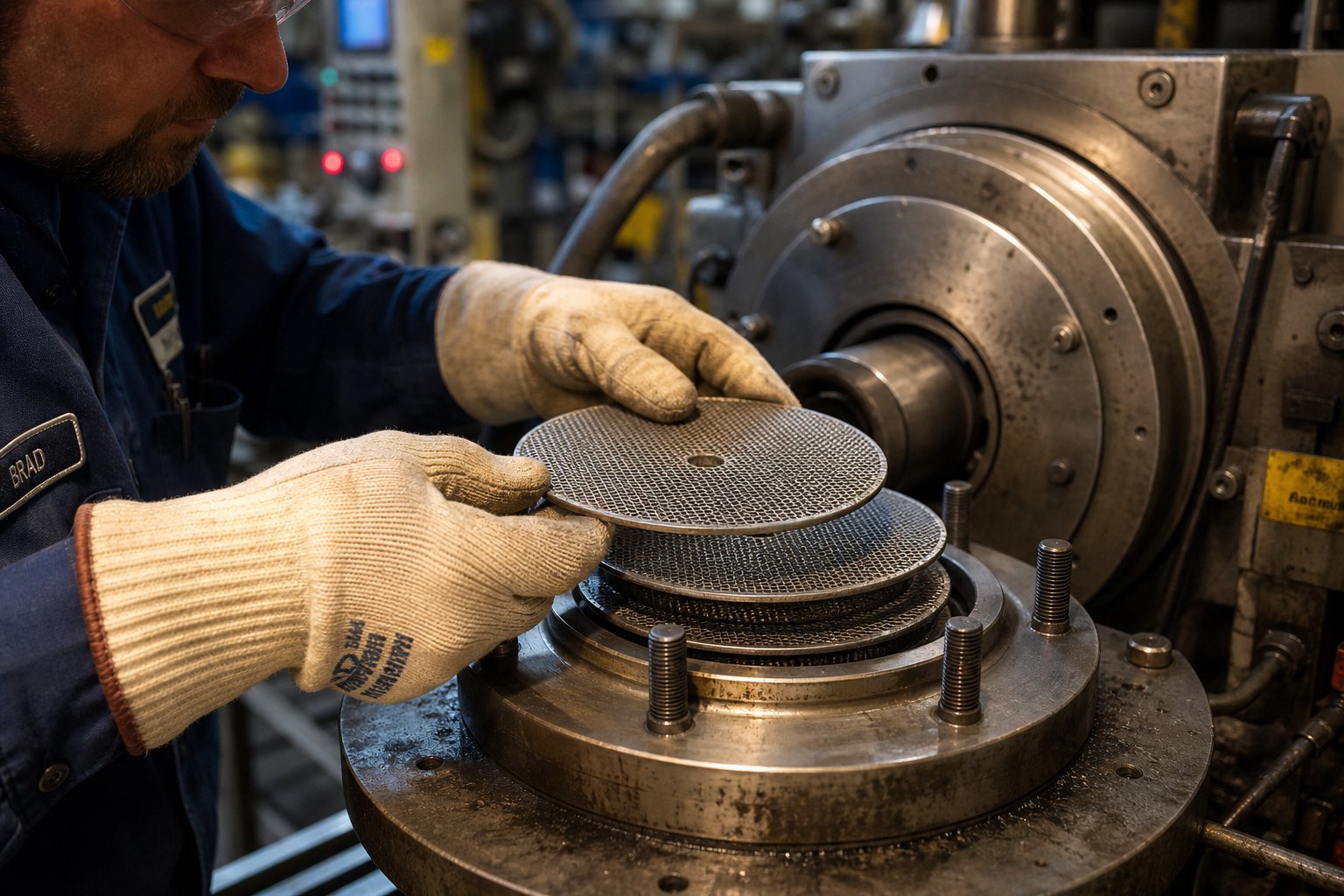 a technician stacking mesh layers onto a breaker plate during a screen pack changeover on an extrusion line