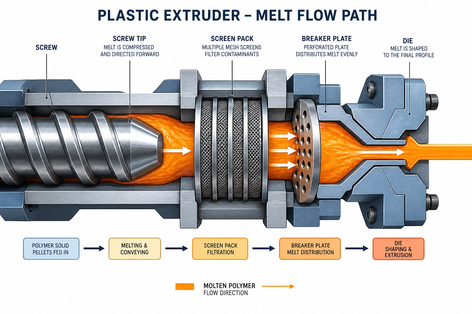 cutaway view showing polymer melt flowing through screen pack layers and breaker plate inside an extruder barrel