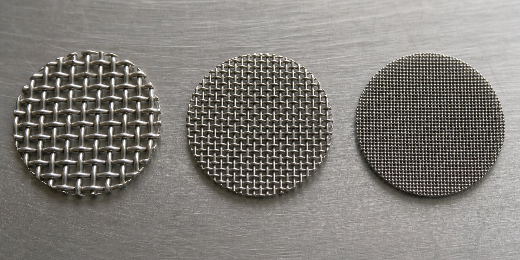 three screen pack mesh discs showing coarse medium and fine weave patterns used in layered filtration configurations