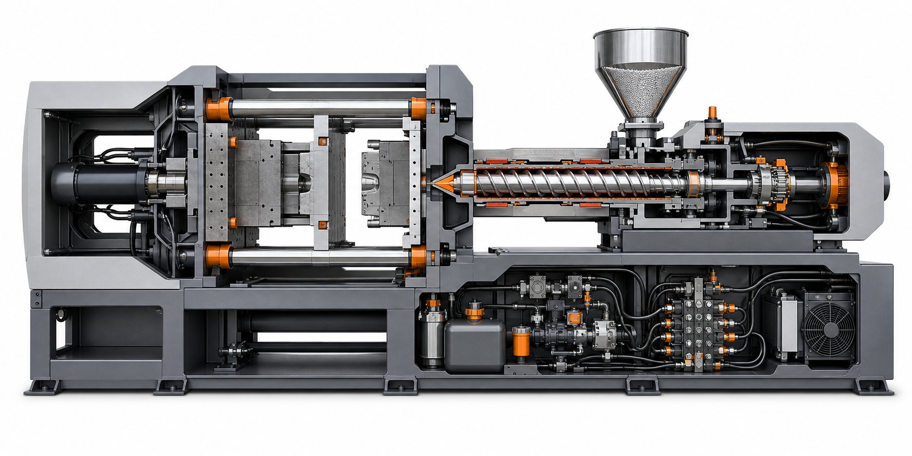 cutaway view of an injection molding machine highlighting key subsystems where spare parts are most commonly needed